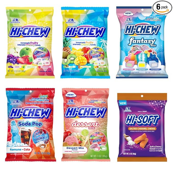 HI-CHEW Variety Mix, Pack of 6 Bags Including Salted Caramel - 15 Flavor Assort Sweet and Sour Chewy Fun Soft Candy Variety Pack - Immensely Juicy Fruity Flavors - Individually Wrapped for Sharing