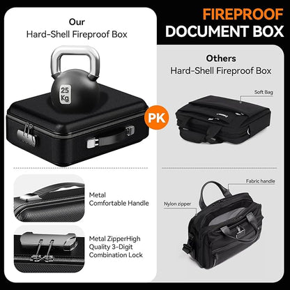 Fireproof Document Box with Lock, Large Hard Fireproof File Organizer Heat Insulated Fireproof Waterproof Box Portable Home Travel Safe Storage for Important Documents Files Laptop Passports Black