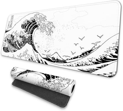 MAY FLOWER Large Gaming Mouse Pad, Full Keyboard Mat, Long Laptop Mousepad, Computer Mouse Mat for Home and Office, Anti-Slip Rubber Base, 31.5 x 11.8 Inches (White Sea Wave)