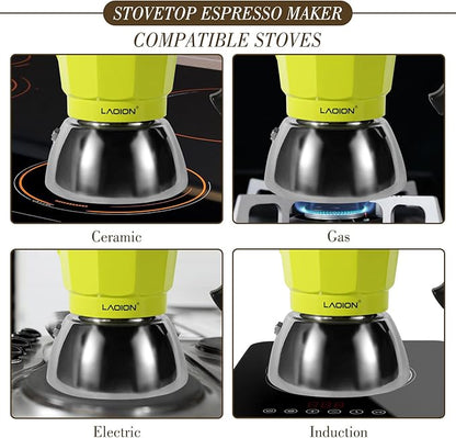 Stovetop Espresso Maker, 3Cup Moka Pot, Espresso Machine Compatible with Induction Cooktops, 150ml Stainless Steel & Aluminum Cuban Coffee Maker for Cafetera Cubana, Green