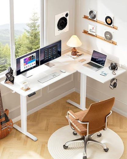 HUANUO 63x40 inch Dual Motor L Shaped Electric Standing Desk with 3 Preset Heights, Electric Height Adjustable Computer Table, 2 Hooks & Cable Tray, Raising Desk for Home Office, White