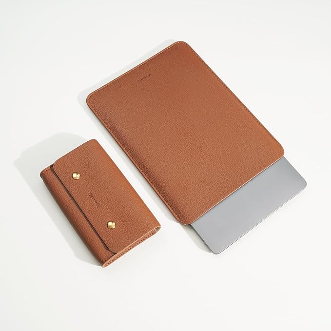 PU Leather Padded Laptop Sleeve Bag 14Inch Compatible with New MacBook Pro 14, Surface Laptop 13.5, Old MacBook Pro 13 with Charger Pouch Color Brown