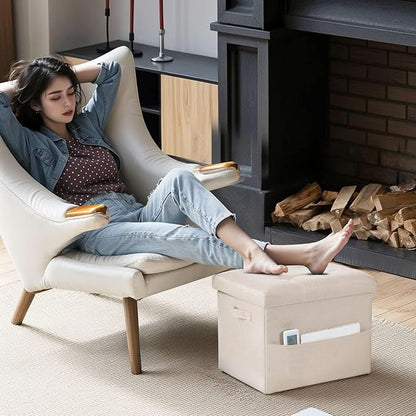 Storage Ottoman Foot Rest, Folding Linen Cotton Ottoman with Storage with Side Pockets and Handle, Foot Stool for Lounge, Study Corner, Home Office, 17x17x13 Inches, Beige