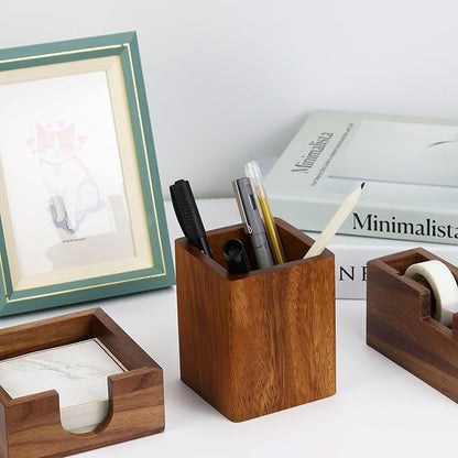 Natural Organizer Set of 3, Wooden Walnut Sticky Notes Holder Tape Dispenser Cutter and Pen Pencil Cup Holder for Women Office Home School