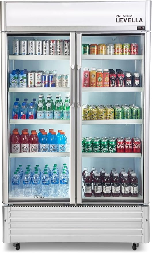 PremiumLevella PRN290DX Glass Door Display Refrigerator 29 cu ft Commercial Beverage Cooler Merchandiser With Customizable Lightbox - Silver