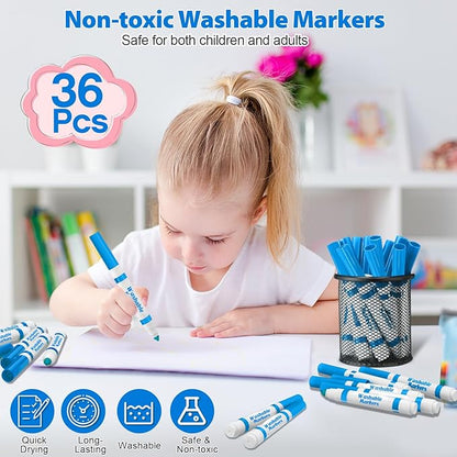 Janlaugh 36 Pcs Light Blue Washable Markers Bulk Coloring Broad Line Markers for Kids Light Blue Conical Tip Drawing Pen for School Travel Art Baby Shower Gender Reveal Party Supplies, Ages 6+