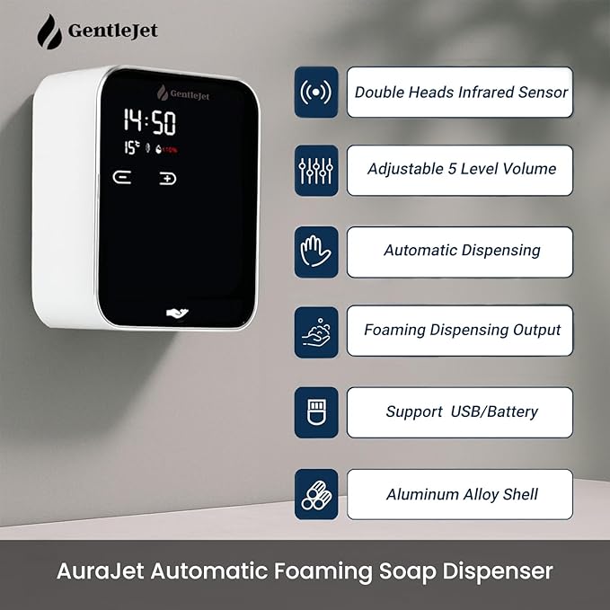 AuraJet Automatic Foaming Soap Dispenser, LED Display, Aluminum Alloy Body, 5 Foam Levels Adjustable, USB-C or Battery Powered, 16.2 oz Automatic Soap Dispenser Touchless Wall Mount