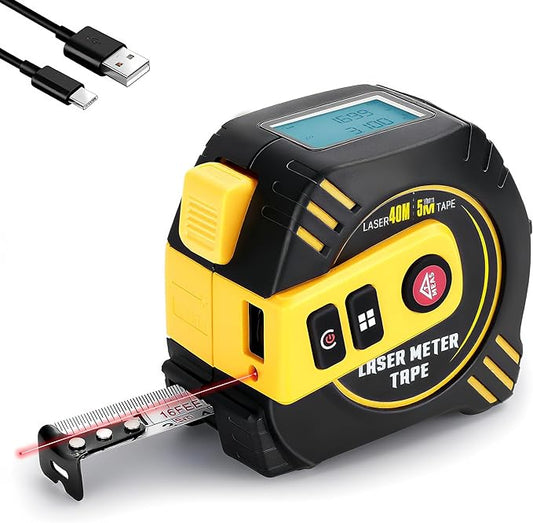 2-in-1 Laser Measure 131Ft with Movable Magnetic Hook, High Accuracy Electronic Measurement Tool for Construction, Home Improvement, Rechargeable, Pythagorean/Area/Volume, Backlit LCD, Auto-Lock