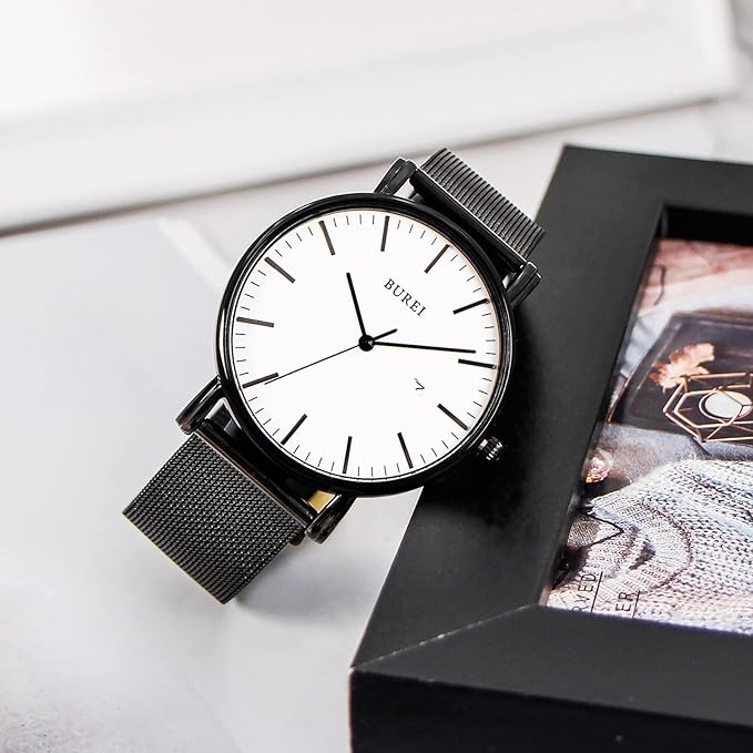 BUREI Men Watches Brown Leather Fashion Minimalist Wrist Watch Simple Ultra Thin Waterproof Quartz Watches All Black Stainless Steel Mesh Band,Gift for Men Women