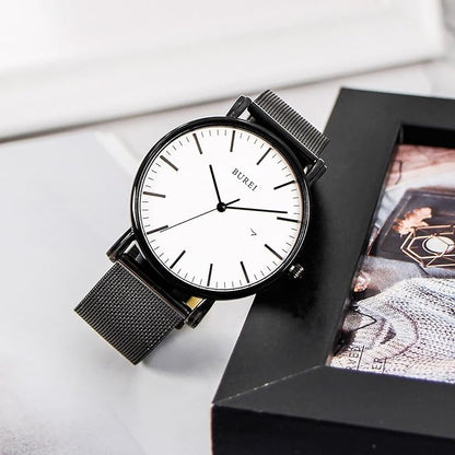 BUREI Men Watches Brown Leather Fashion Minimalist Wrist Watch Simple Ultra Thin Waterproof Quartz Watches All Black Stainless Steel Mesh Band,Gift for Men Women