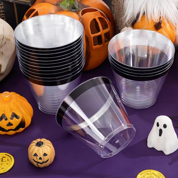 WELLIFE 120 PCS Black Plastic Cups,9 oz Clear Cups for Party and Wedding,Disposable Cocktail Glasses,Plastic Wine Glasses Disposable