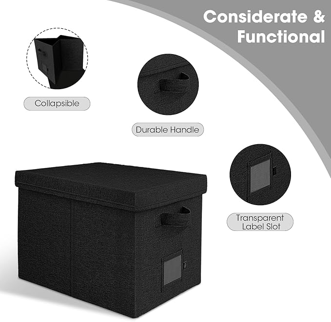 File Organizer Box with Lid, Linen Hanging File Storage Box with Handle, Collapsible Document Filling Box for Letter/Legal Folder, Portable File Box for Office/Decor/Home (1 Pack, Black)