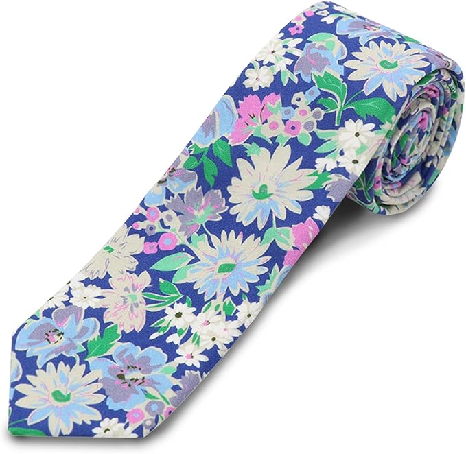 Cotton Floral Ties for Men 2.76" Men's Skinny Tie Linen Flower Printed Neck Tie for Wedding Dating Party