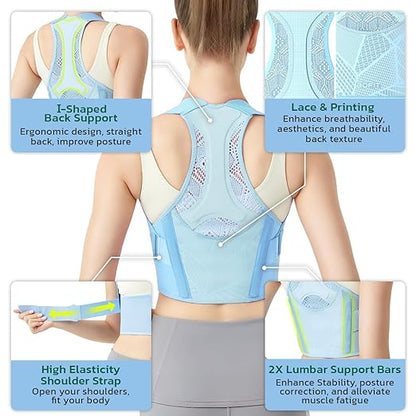 Posture Corrector for Women - Lightweight and Breathable Back Brace for Pain Relief, Rounded Shoulders and Hunchback, Compact & Portable with Fashionable Design, Invisible Under Clothes Blue S