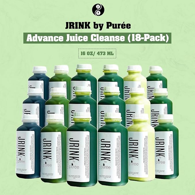 JRINK by Purée Easy Juice Cleanse, Cold Pressed Detox Drink with Organic 3 Day-Healthy Vegetable and Fruit Juice, Frozen Pressed Juice Cleanse, 18 Bottles, 16oz Each