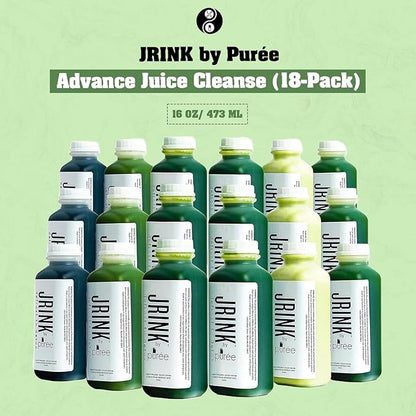 JRINK by Purée Easy Juice Cleanse, Cold Pressed Detox Drink with Organic 3 Day-Healthy Vegetable and Fruit Juice, Frozen Pressed Juice Cleanse, 18 Bottles, 16oz Each