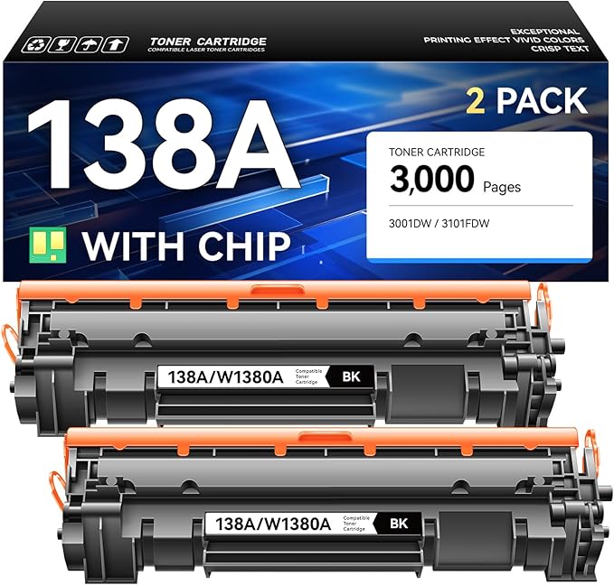 138A Toner Cartridges Black 2-Pack with Chip Replacement for HP 138A W1380A 138X W1380X Toner Cateridge Compatible with Laserjet Pro 3001dw 3001dwe Laserjet Pro MFP 3101fdw 3101fdwe Printer