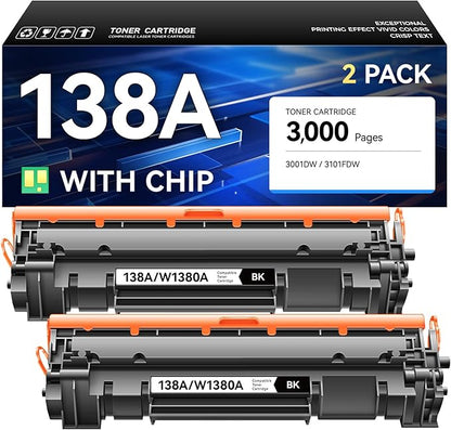 138A Toner Cartridges Black 2-Pack with Chip Replacement for HP 138A W1380A 138X W1380X Toner Cateridge Compatible with Laserjet Pro 3001dw 3001dwe Laserjet Pro MFP 3101fdw 3101fdwe Printer