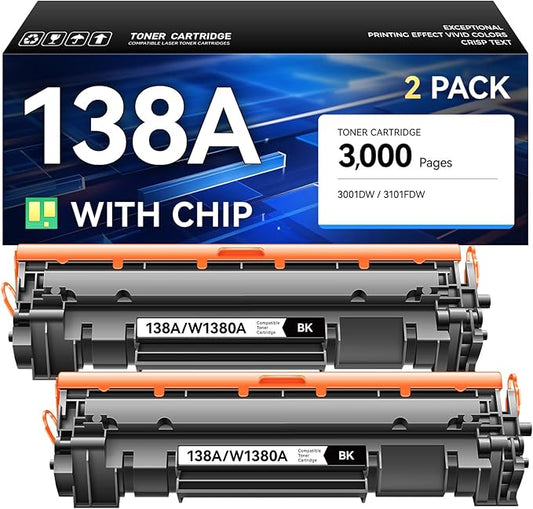 138A Toner Cartridges Black 2-Pack with Chip Replacement for HP 138A W1380A 138X W1380X Toner Cateridge Compatible with Laserjet Pro 3001dw 3001dwe Laserjet Pro MFP 3101fdw 3101fdwe Printer