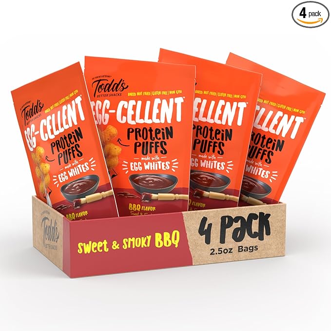 Todd's Better Snacks Egg-Cellent Protein Puffs, Sweet & Smoky BBQ – 12g Protein, Gluten-Free, Paleo-Friendly, Baked, GLP-1 Compliant – Healthy Snack, Made with Egg Whites – 2.5 Oz (Pack of 4)