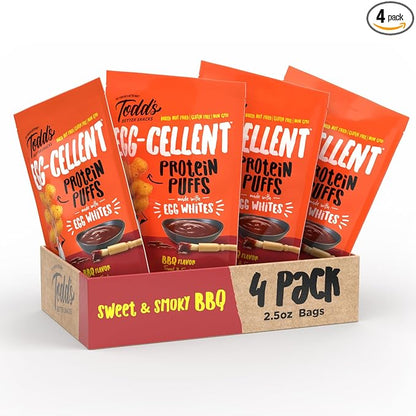 Todd's Better Snacks Egg-Cellent Protein Puffs, Sweet & Smoky BBQ – 12g Protein, Gluten-Free, Paleo-Friendly, Baked, GLP-1 Compliant – Healthy Snack, Made with Egg Whites – 2.5 Oz (Pack of 4)