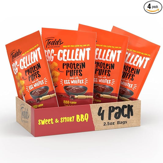 Todd's Better Snacks Egg-Cellent Protein Puffs, Sweet & Smoky BBQ – 12g Protein, Gluten-Free, Paleo-Friendly, Baked, GLP-1 Compliant – Healthy Snack, Made with Egg Whites – 2.5 Oz (Pack of 4)