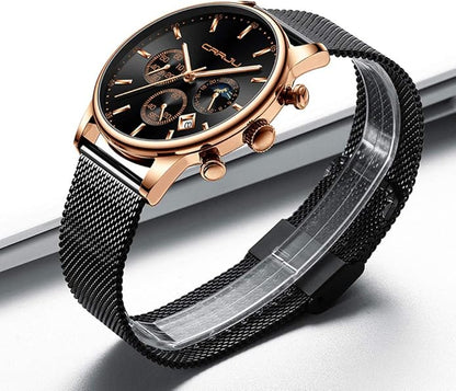 CRRJU Men's Fashion Casual Watches Auto Date Chronograph Watch Men Nice Work Watches Waterproof 30M Full Steel Quartz with Mesh Strap