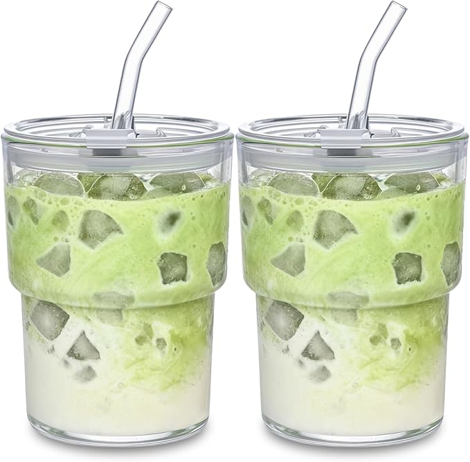 13oz Glass Tumbler with Straw and Lid, Leak Proof Iced Coffee Cup, Thick Wall BPA Free Drinking Glass Water Cups for Iced Coffee, Matcha, Smoothie and Travel-(Clear-2pack)