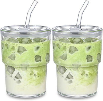 13oz Glass Tumbler with Straw and Lid, Leak Proof Iced Coffee Cup, Thick Wall BPA Free Drinking Glass Water Cups for Iced Coffee, Matcha, Smoothie and Travel-(Clear-2pack)