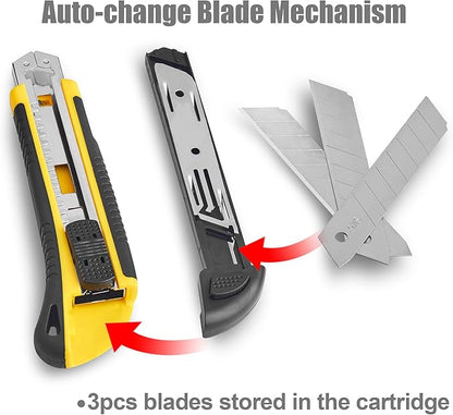 DOWELL Utility Knife Box Cutter Retractable Self Loading Heavy Duty Snap Off Quick Change Extra Blades(3PCS) TPR+PP Handle Cutting Cardboard Boxes or DIY 3Pack