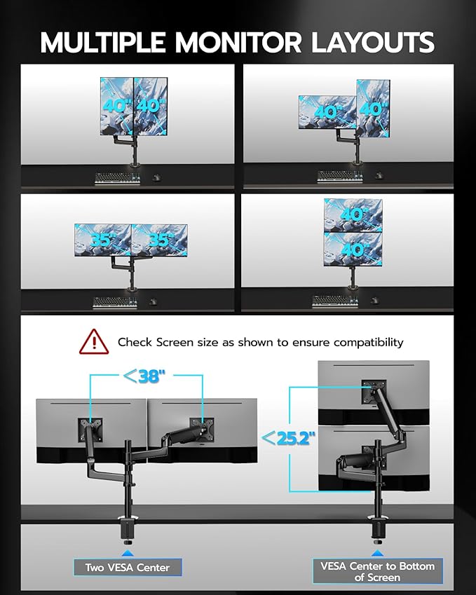 ARES WING Dual Monitor Mount - Ultrawide Monitor Arm for 17 to 40 Inch Heavy Duty Curved Screen up to 26.4 lbs with Clamp/Grommet Desk Mount, 75/100 Vesa Mount, Black