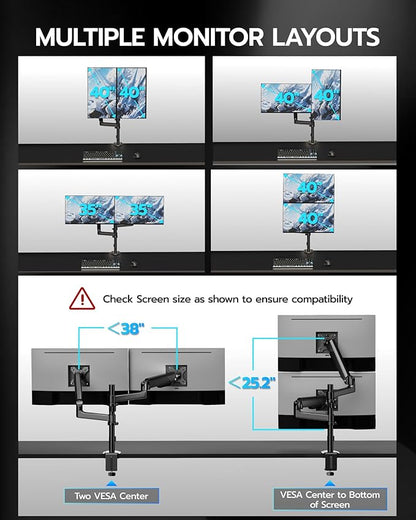 ARES WING Dual Monitor Mount - Ultrawide Monitor Arm for 17 to 40 Inch Heavy Duty Curved Screen up to 26.4 lbs with Clamp/Grommet Desk Mount, 75/100 Vesa Mount, Black
