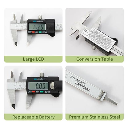 Digital Caliper 0-6" Measuring Tool with Metal Ruler, Micrometer Caliper with Auto-Off Feature, Interchangeable Between inches and millimeters for DIY/Household and 3D Printing, Black