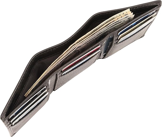 Genuine Leather Mens Trifold Wallet RFID Blocking 8 Credit Card Slots Section for Bills 3 Hidden Pockets | Black