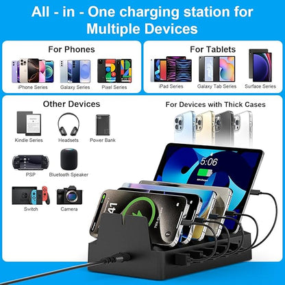 Charging Station for Multiple Devices, 6 Port USB Charger with Holder Stand and Cables for iPad, Apple, Android, Tablet, Office Desk Charging Dock Storage Organizer (Black)