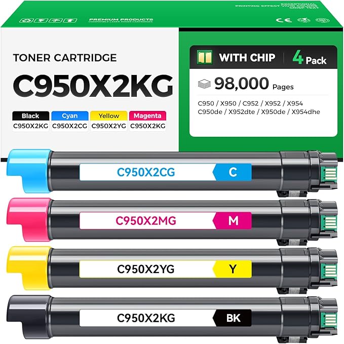 C950X2KG C950X2CG C950X2MG C950X2YG Toner Cartridge Set 4-Pack Replacement Compatible with Lexmark C950 X950 C952 X952 X954 C950de X952dte X950de X954dhe Laser Printer Ink Black Cyan Magenta Yellow