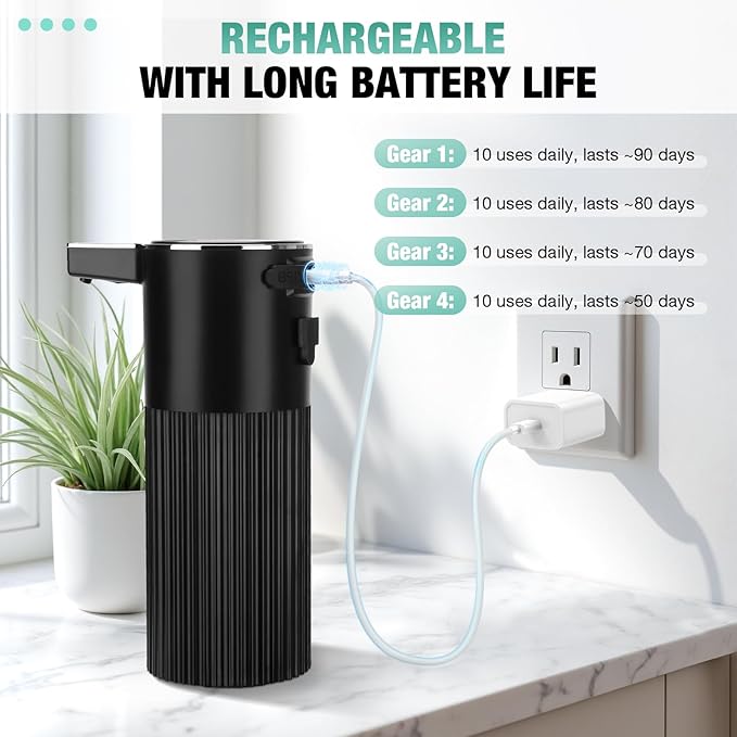 Automatic Soap Dispenser Foaming Touchless: 14oz Plastic - 4 Level Adjustable Wall Mount Foam Rechargeable Electric Auto Smart Black Soap Dispenser - Bathroom Kitchen Hand Dish Lotion