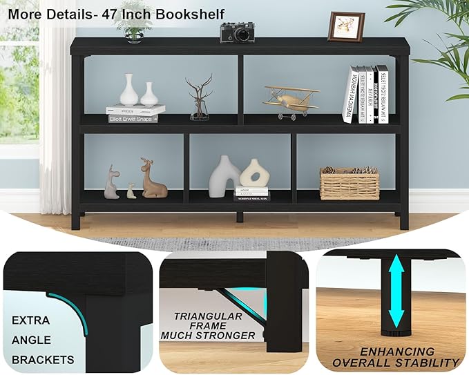 IBF Horizontal Cube Book shelf, Industrial Modern Open Bookshelf, Low Wide Home 5 Cube Storage Organizer Long Shelf for Bedroom, Short Wood and Metal Cubby Book Shelf for Living Room, Black Oak, 47 In