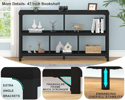 IBF Horizontal Cube Book shelf, Industrial Modern Open Bookshelf, Low Wide Home 5 Cube Storage Organizer Long Shelf for Bedroom, Short Wood and Metal Cubby Book Shelf for Living Room, Black Oak, 47 In