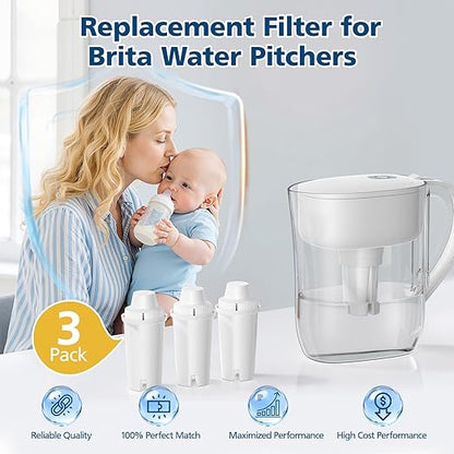 3 Pack Replacement for Brita® Water Filter Pitchers and Dispensers, BPA-Free & NSF Certified, Classic OB03, Mavea® 107007 35557, Metro, Everyday, UltraMax, Half-Year Filter Supply