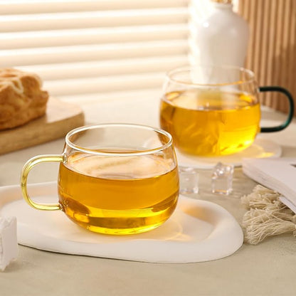 Glass Tea Cups Set of 4, Clear Borosilicate Glass Teacups with Colorful Handle for Tealover, Dishwasher & Microwave Safe Large Coffee Mugs for Espresso Cappuccino Latte Juice, 12OZ/360ML