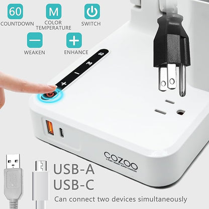 COZOO LED Desk Lamp with 2 USB Charging Ports,Type C Port,1 AC Outlet,2 Pen Holders,3 Color Temperature 3 Brightness Level,Touch/Memory/Timer,10W Eye Protection Foldable Reading Light,Study Lamp-White