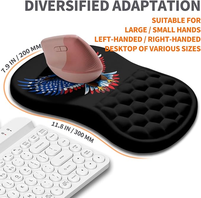 Ergonomic Joint Wrist Support Mouse Pad with Memory Foam Cushion Massage Bump, Carpal Tunnel Pain Relief Mousepad Slope Design for Wrist Rest, 11.8x7.9 in, Eagle Flag