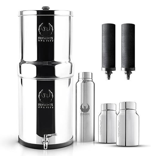Gravity Water Filter System - 2.25 Gallons NSF Certified AISI 304 Stainless Steel Water Filter with 2 Smart Carbon Filters, 2 POSTreat Steel Fluoride Removal Elements & Free Stainless Steel Spigot