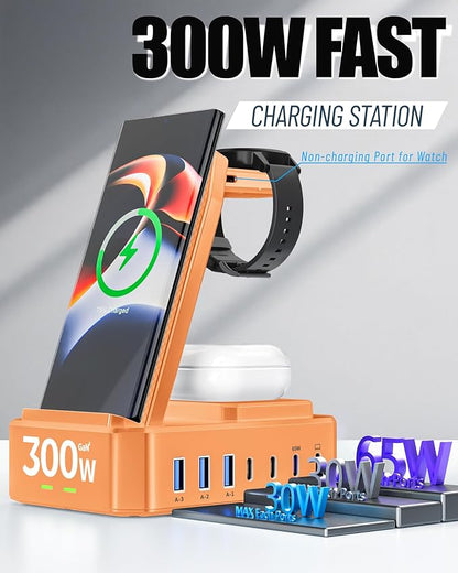 300W Wireless Charger for Samsung,Zutspzss 10 in 1 Wireless Charging Station, 65W USB C Fast Charging Stand for Samsung S25 Ultra/S24/S23/S22/Z Fold,Galaxy Watch Ultra7/6/5,Galaxy Buds,Orange
