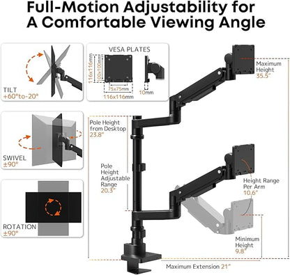 Dual Monitor-Arm Heavy-Duty for 17-57-Inch Screens - 23.8'' Tall Vertical Dual Monitor Mount, Fully Adjustable Stacked Double Monitor Desk Mount Stand, Max Load 44 lbs/Screen, VESA 75/100 mm, Black