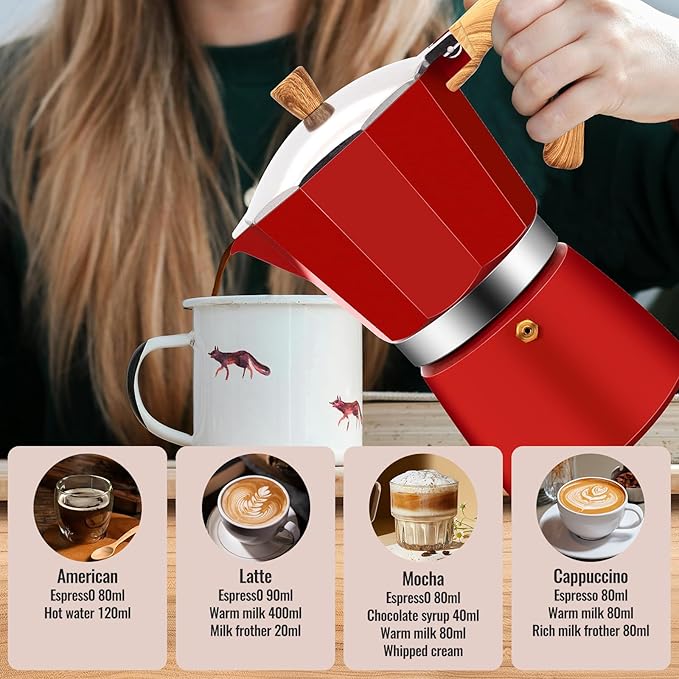 12 Cup Aluminum Moka Pot Classic Stovetop Espresso Coffee Maker 600ml 20oz Coffeemaker Percolator Mocha Pot Greca Coffee Maker Cafe Makers for Italian and Cuban Café Brewing Red