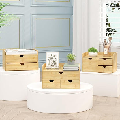 Wisuce Bamboo Desk Organizer - Mini Bamboo Desk Drawer Tabletop Cosmetic Storage Organization for Office or Home (Nature 3 Drawers)