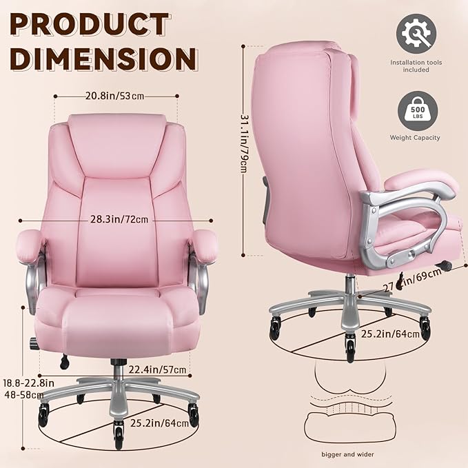 OFIKA Big and Tall Office-Chair 500lbs - Adjustable Lumbar Support, Office Chair for Heavy People, Heavy Duty High Back Executive with Wide Seat and Quiet Rubber Wheels