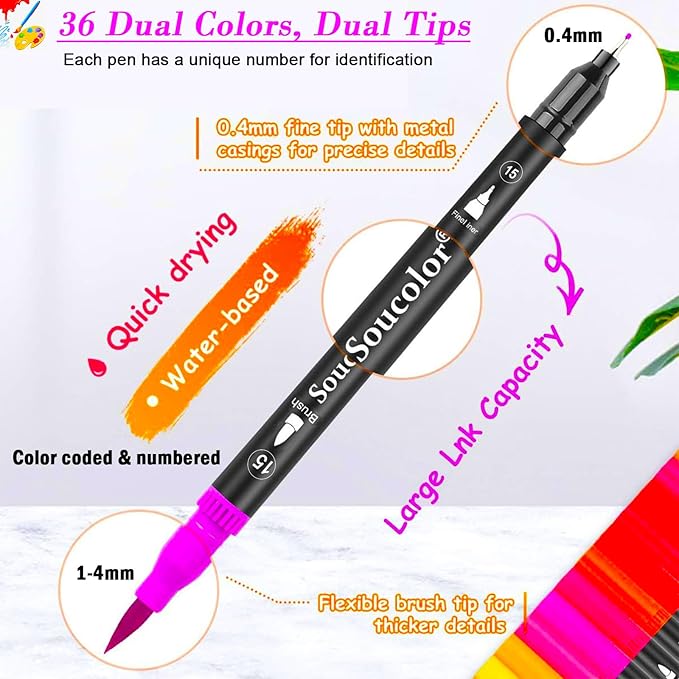 Soucolor Art Brush Markers Pens for Adult Coloring Books, 36 Colors Numbered Dual Tip (Brush and Fine Point) Marker Pen for Kids Note taking Planner Hand Lettering Calligraphy Drawing Journaling